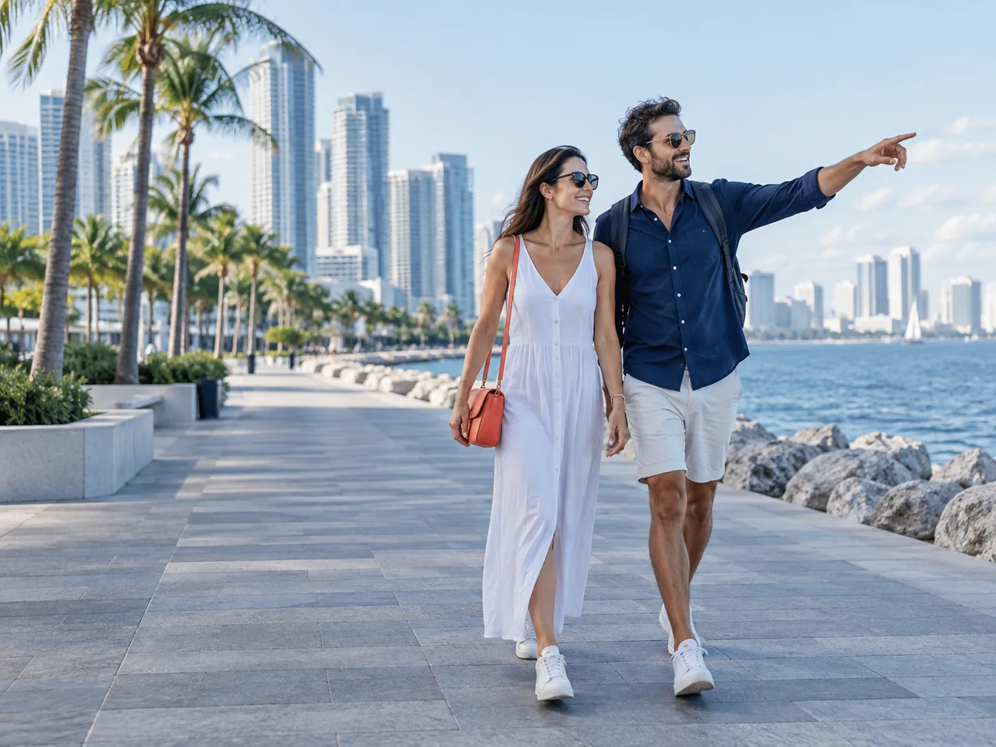 Travelers walking freely along a coastal promenade
