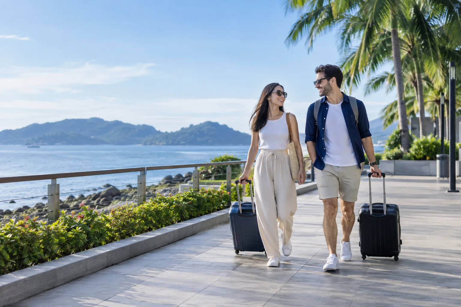 Two travelers with luggage walking by the water